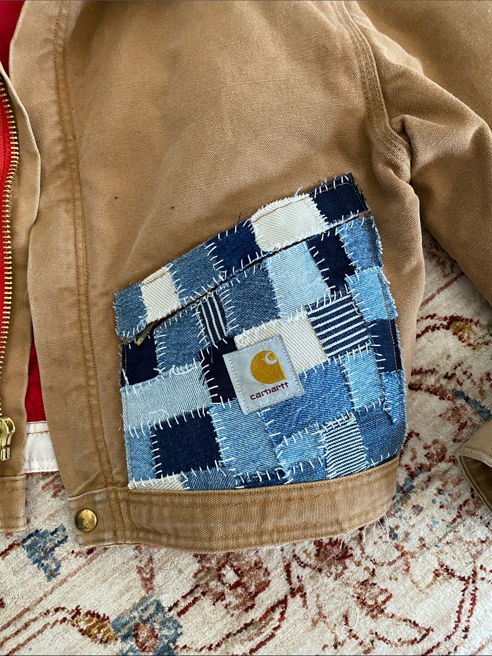 Carhartt Tan Canvas Jacket with Red Lining and Blue Patchwork Pockets - Picture 2 of 3